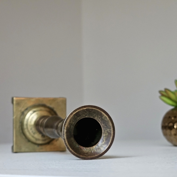 Vintage 7" Handcrafted Solid Brass Candlestick Holder Patina Square Bass - Picture 4 of 10